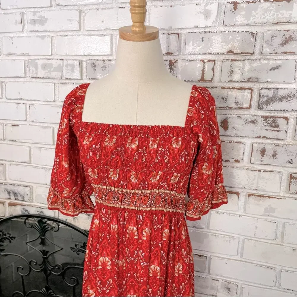 Red Bright Boho Floral Puff Shoulder Smocked Top Ruffle Hem Midi Dress L - Picture 2 of 9